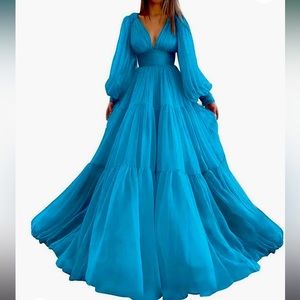 CAICAIMALL Puffy Sleeve Prom Dresses Long Tulle A Line Ball Gown for Women